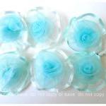 6 Organza Rolled Silver Blue Flowers / Pack