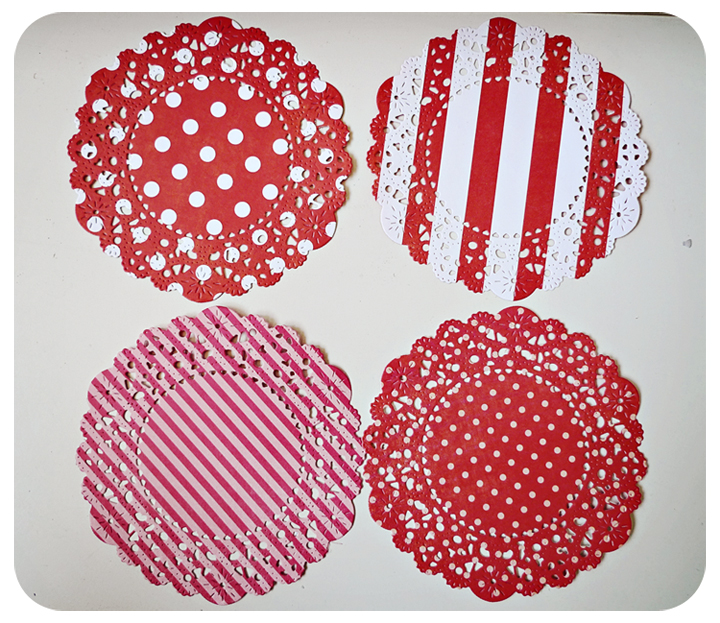 4 Parisian Lace Doily Red Polka Dot & Stripe / Pack