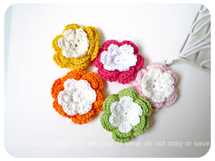 Colorful Crochet Flower 3 Layer Green Pink, Dark Pink, Orange And Yellow For Scrap Booking, Card Making Etc